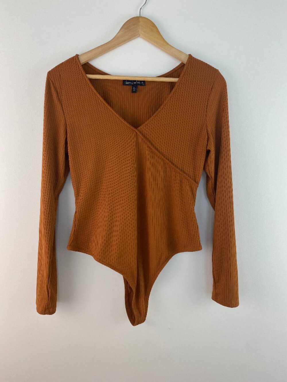 Derek Heart Rust Brown Ribbed Wrap Front Bodysuit